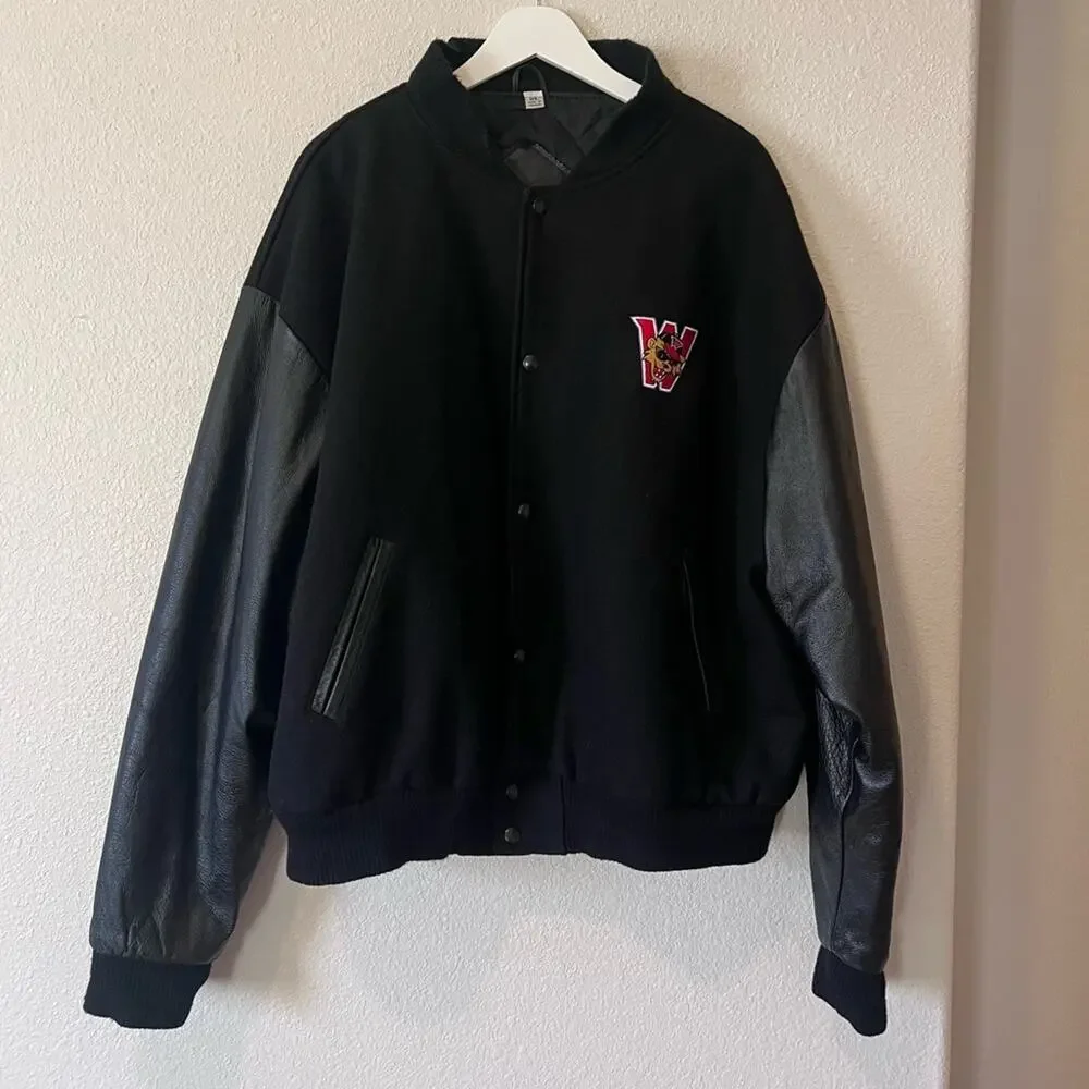 Vantage Vintage Wild Things Varsity Jacket Mens XL Black Leather Wool Spellout